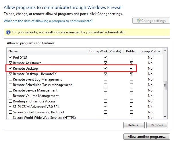 Windows Firewall Remote Desk Application Allowed